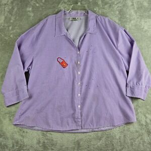 KL Collection Shirt Womens 3X Purple White Gingham Check Embellished Purse Patch